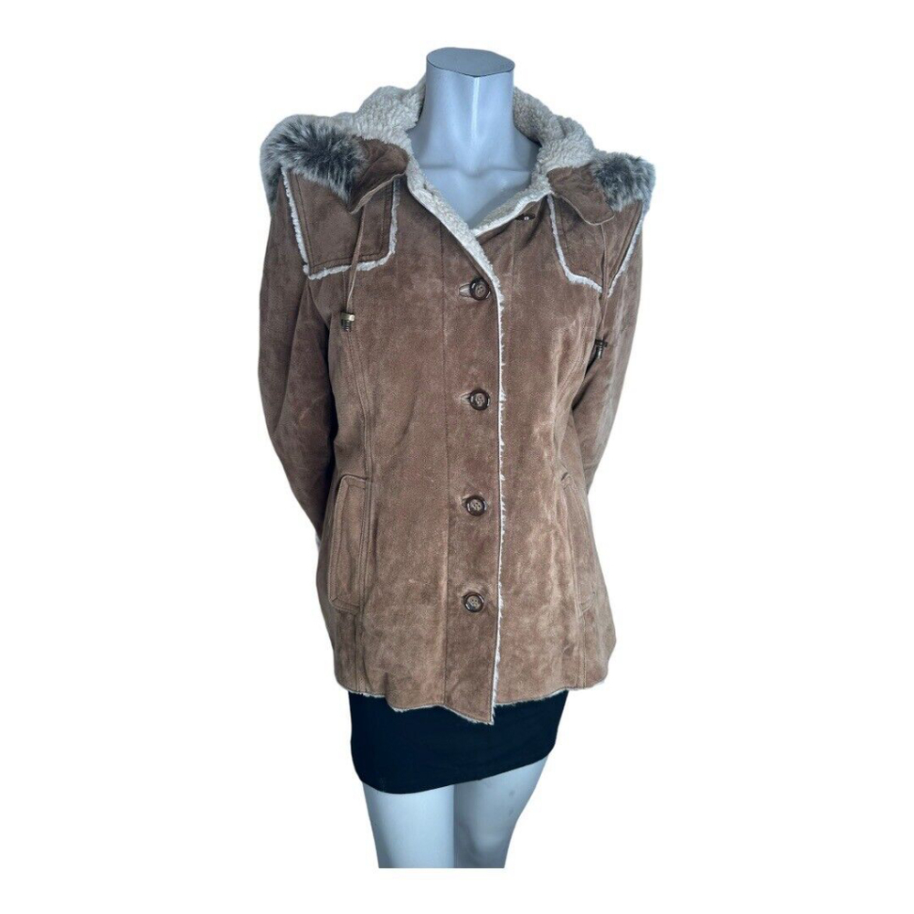 Danier Brown Suede Sherpa Lined Faux Fur Trim Hooded Jacket Size Small